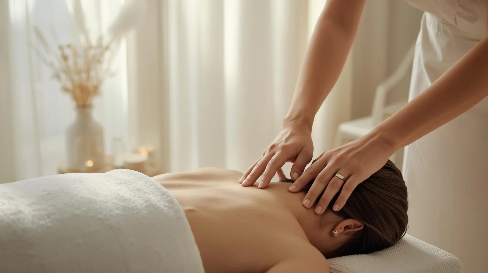 Person receiving a massage on their back in a serene, softly lit room.