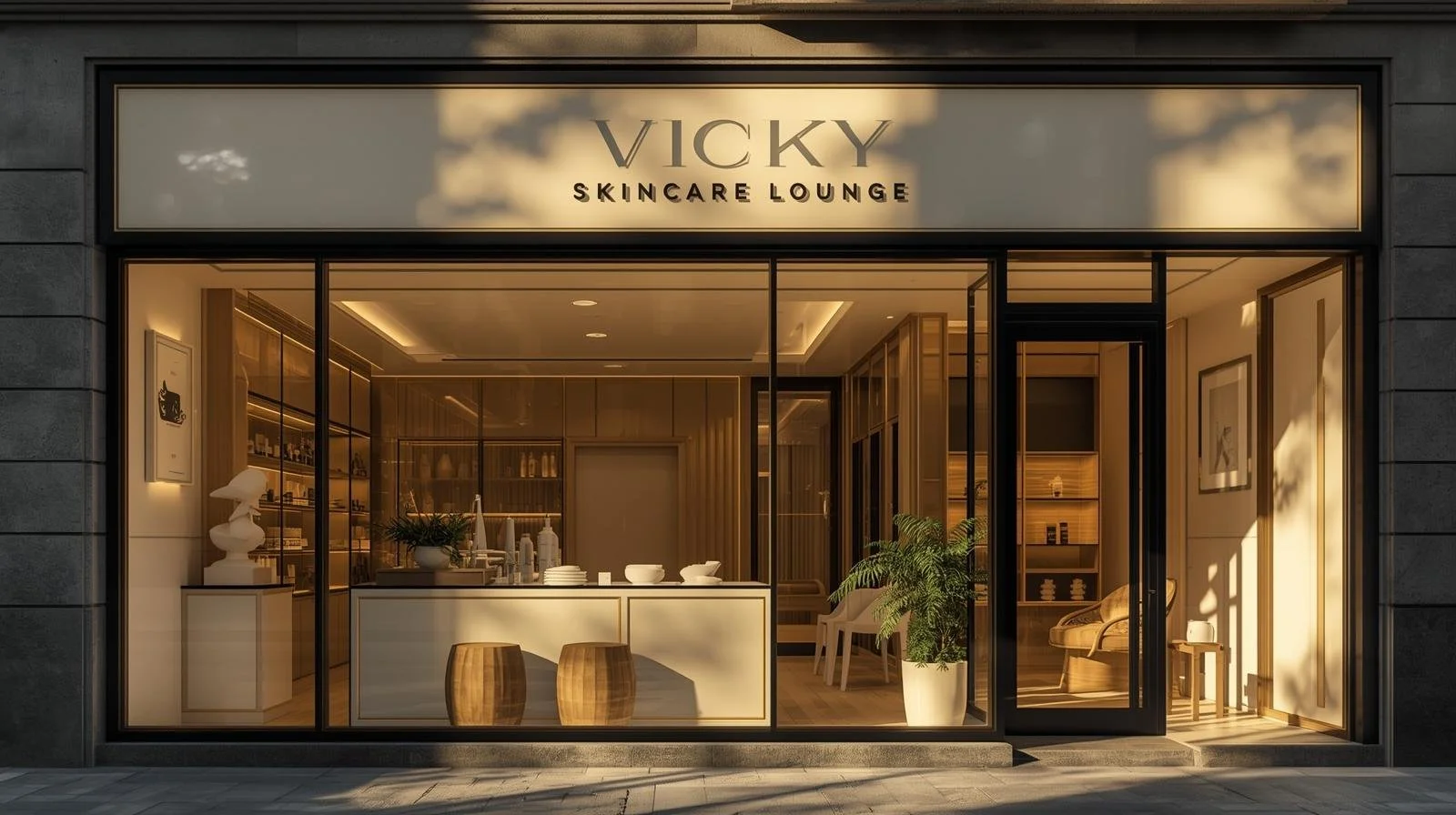  exterior view of a skincare lounge named Vicky Skincare Lounge with large glass windows revealing a modern interior featuring wooden accents, a reception counter, chairs, and potted plants.