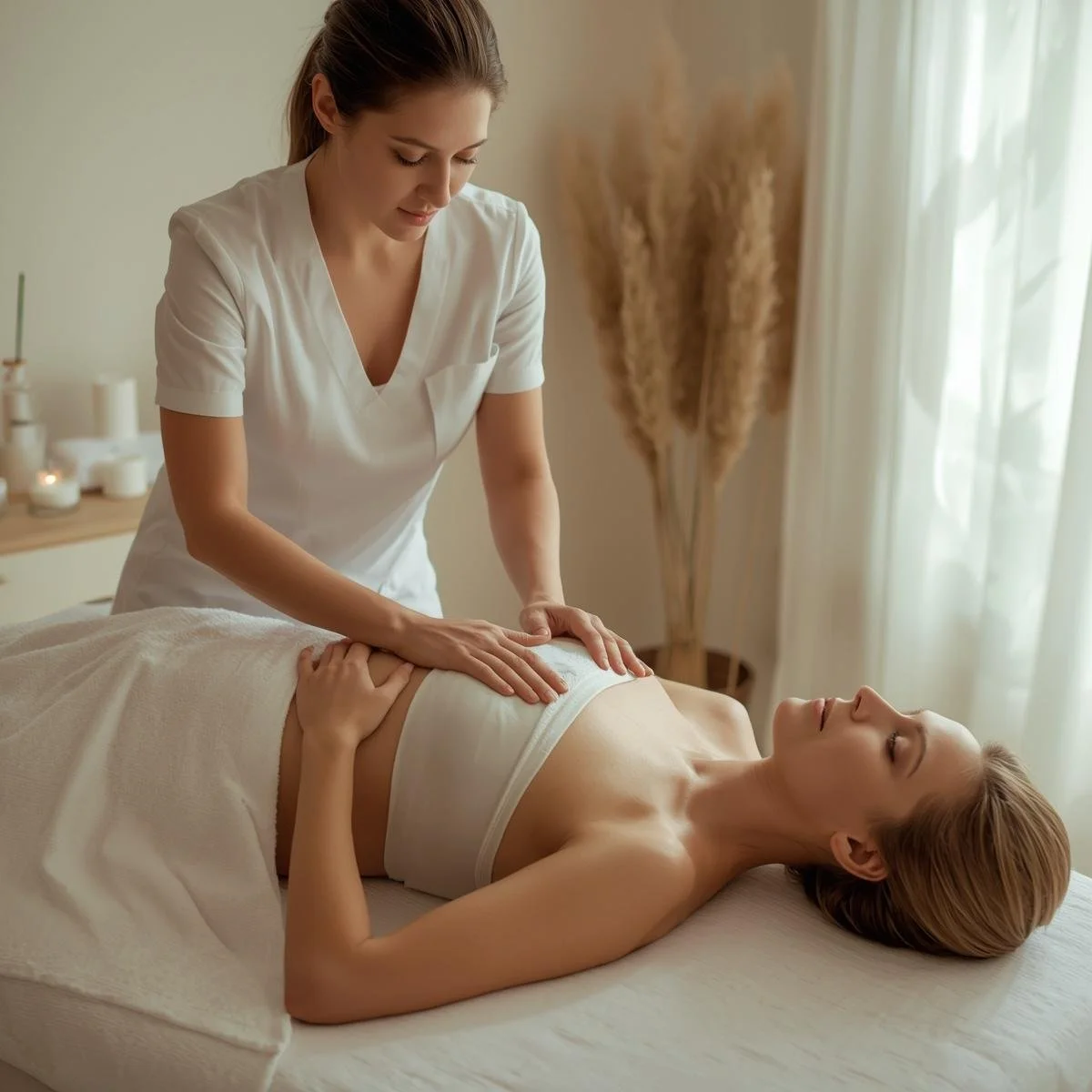 A woman receiving a massage in a spa or wellness setting, lying on a massage table with her eyes closed, while a massage therapist gently presses her abdomen. The room is softly lit with candles and natural light.