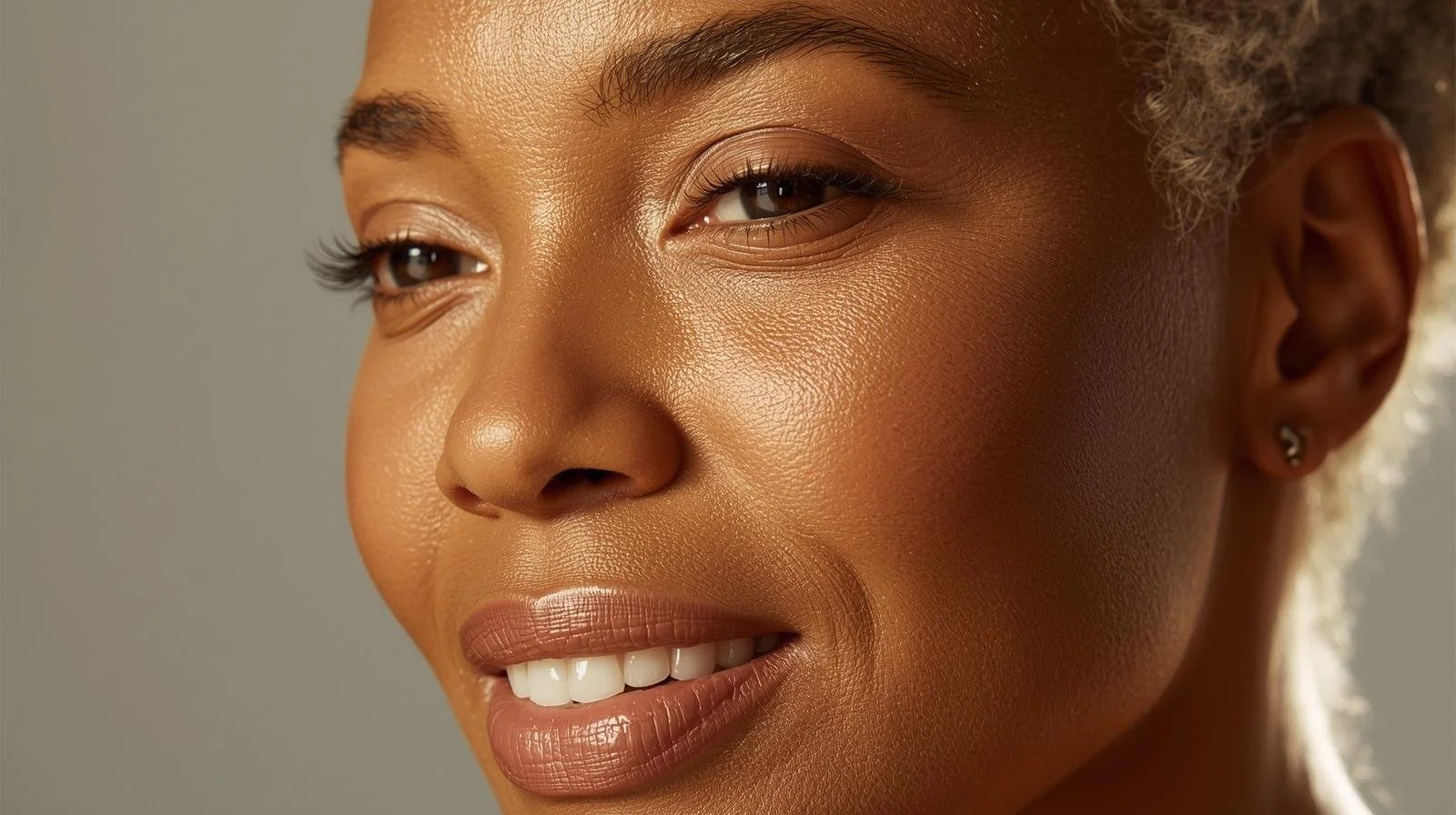 Close-up of a smiling woman with smooth, glowing skin, light makeup, and small earrings, facing slightly to the right.
