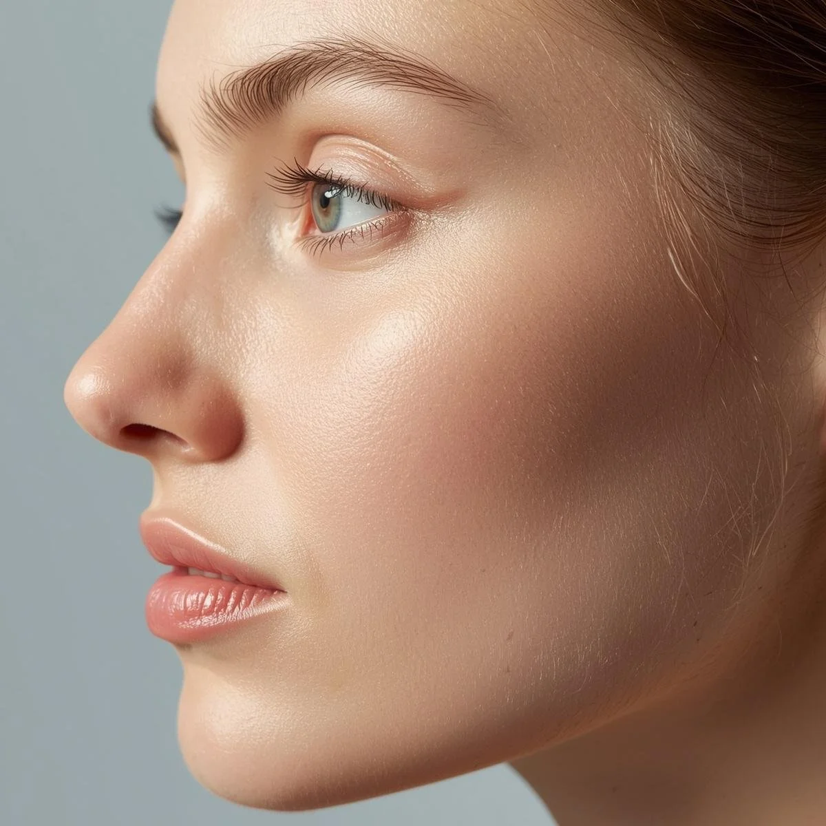 Close-up side profile of a woman's face with smooth skin, blonde hair, and light makeup, against a neutral background.