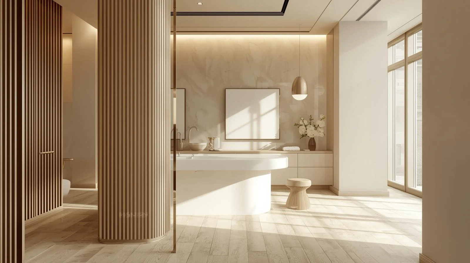 Bright, modern bathroom with neutral tones, wooden accents, a large window letting in natural light, a round vanity with a white sink, mirror, hanging light, and decorative flowers.