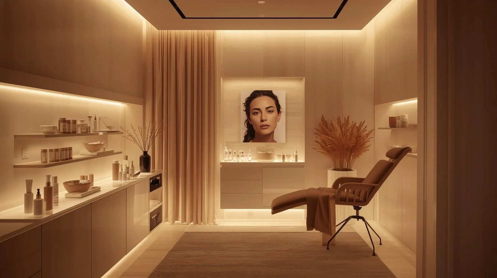 A modern, minimalist room with warm lighting. There's a portrait of a woman on the wall, a brown reclining chair with a brown blanket, and a large vase with dried plants. Shelves with skincare products and decorative items are also visible.
