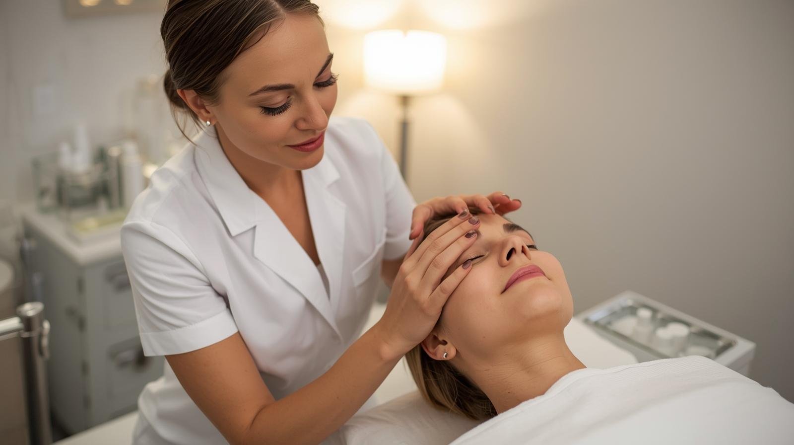 A woman lying on a treatment bed with her eyes closed, receiving a facial massage from a professional woman in a white coat in a clinic or spa setting.