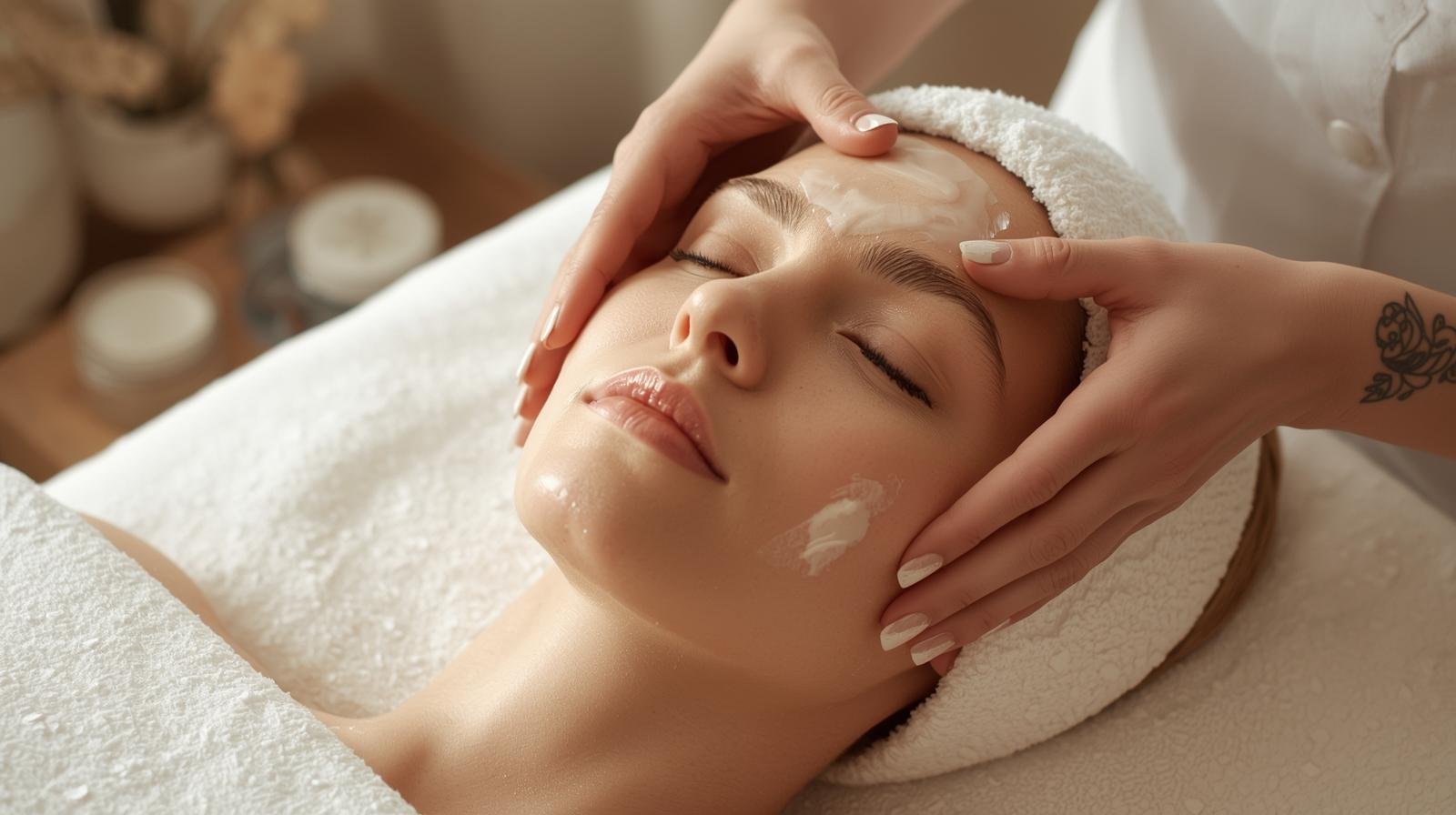 Woman receiving a facial massage in a spa, with cream applied to her face.
