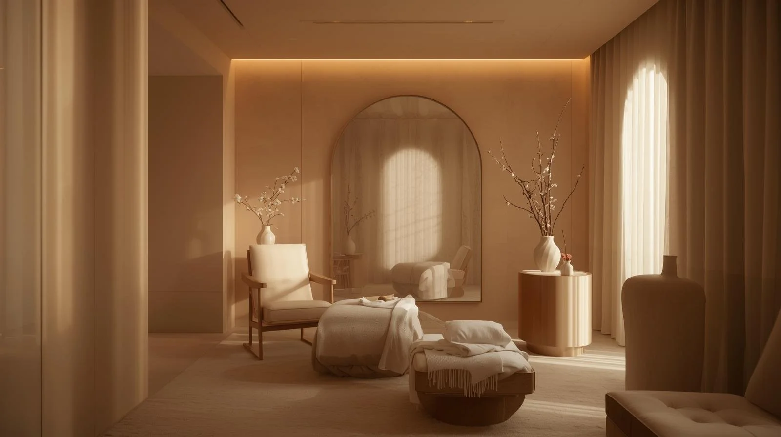 A cozy, minimalistic living room with beige tones, a large mirror reflecting a white armchair, a small round table with vases and branches, and soft natural light streaming through curtains.