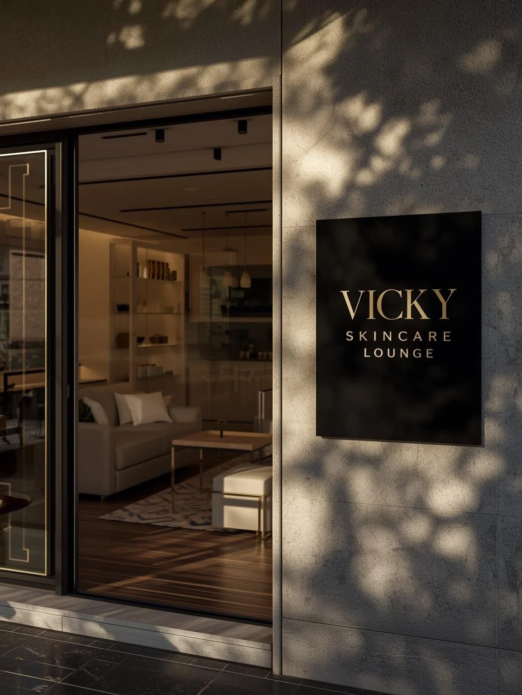 Exterior view of the Vicky Skincare Lounge with a glass door and a black sign on a gray wall reading 'Vicky Skincare Lounge'.