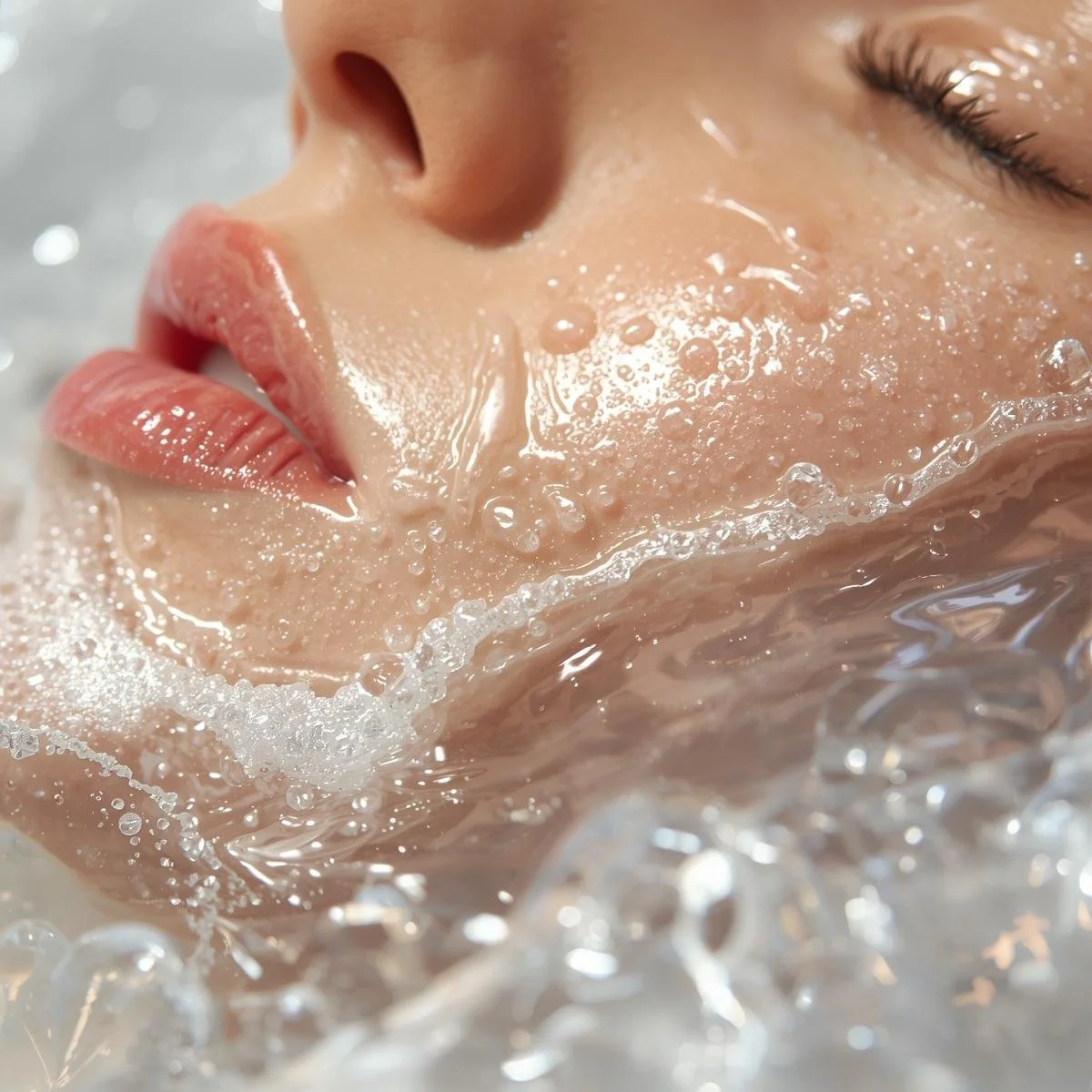 Close-up of a person's face with closed eyes, pink lips, and water surrounding them, creating a soothing, spa-like scene.
