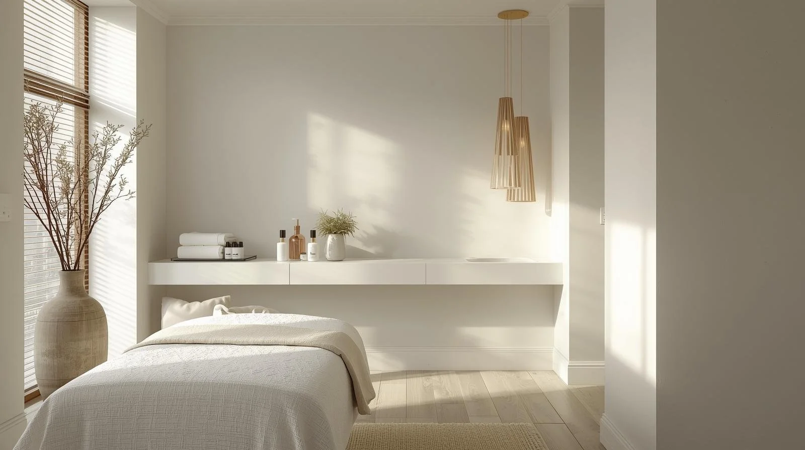 A minimalist bedroom with a bed covered in white bedding, a large vase with branches near a window with wooden blinds, and a floating white shelf with decorative bottles and a plant, all bathed in natural sunlight.