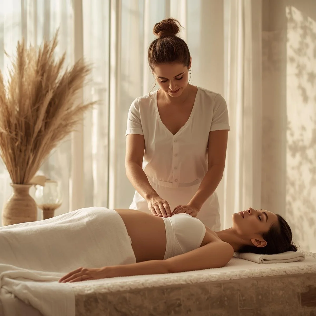A woman receives a massage from a massage therapist in a serene, softly lit room with neutral tones and decorative plants.