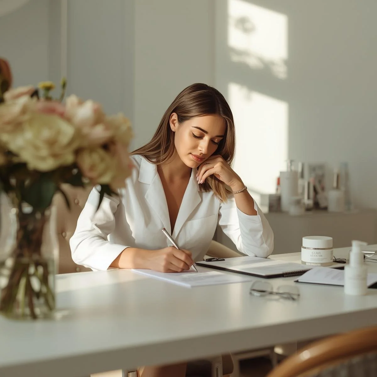 A woman in a white coat sitting at a desk, writing on a clipboard in a bright room with sunlight streaming through a window.