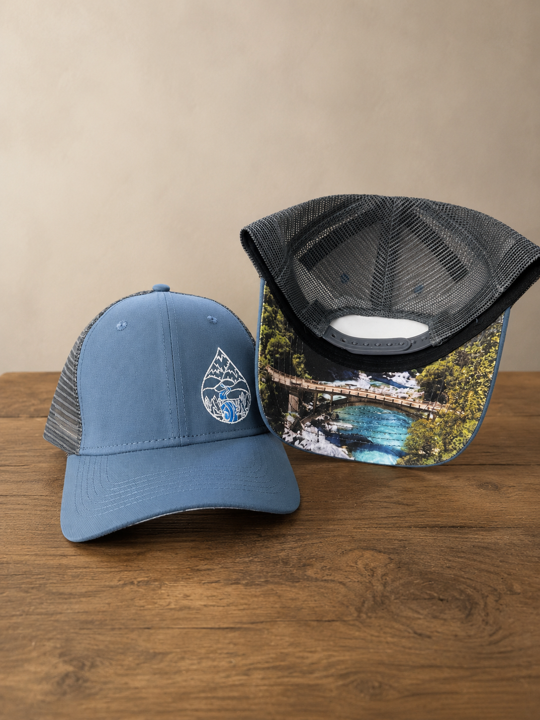 South Fork Trucker Hat with Yuba River Image Under Visor- Dusty Blue/ Dark Grey