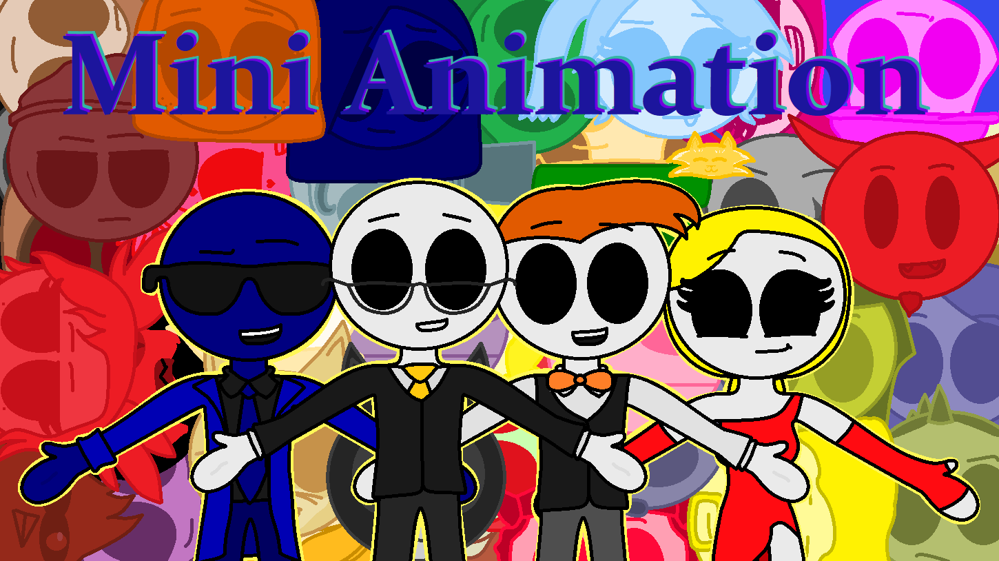 Colorful animated characters with large heads and big eyes, wearing suits and dresses, with the text 'Mini Animation' at the top.