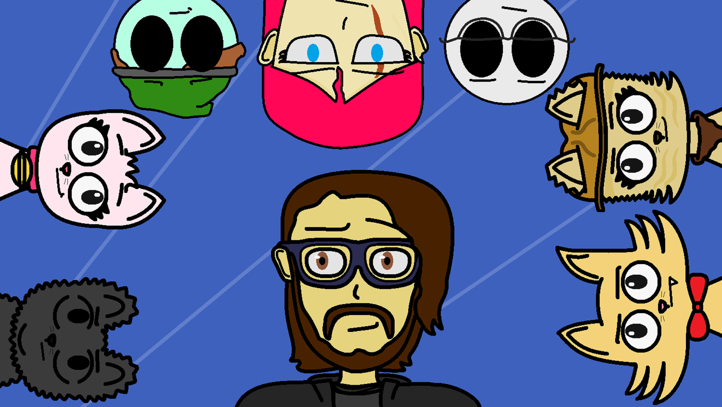 Illustration of various cartoon characters with large eyes, arranged in a circle on a blue background. Characters include a girl with glasses, a dog, a wolf, and other whimsical figures.