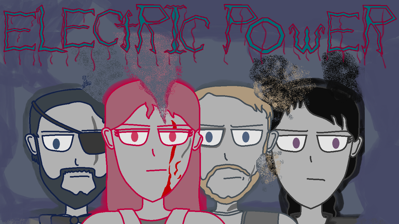 Drawing of four people with serious expressions, one with an eye patch and long pink hair with smoke coming from her head, set against a dark background with the words "ELECTIVE POWER" written in red, jagged letters at the top.