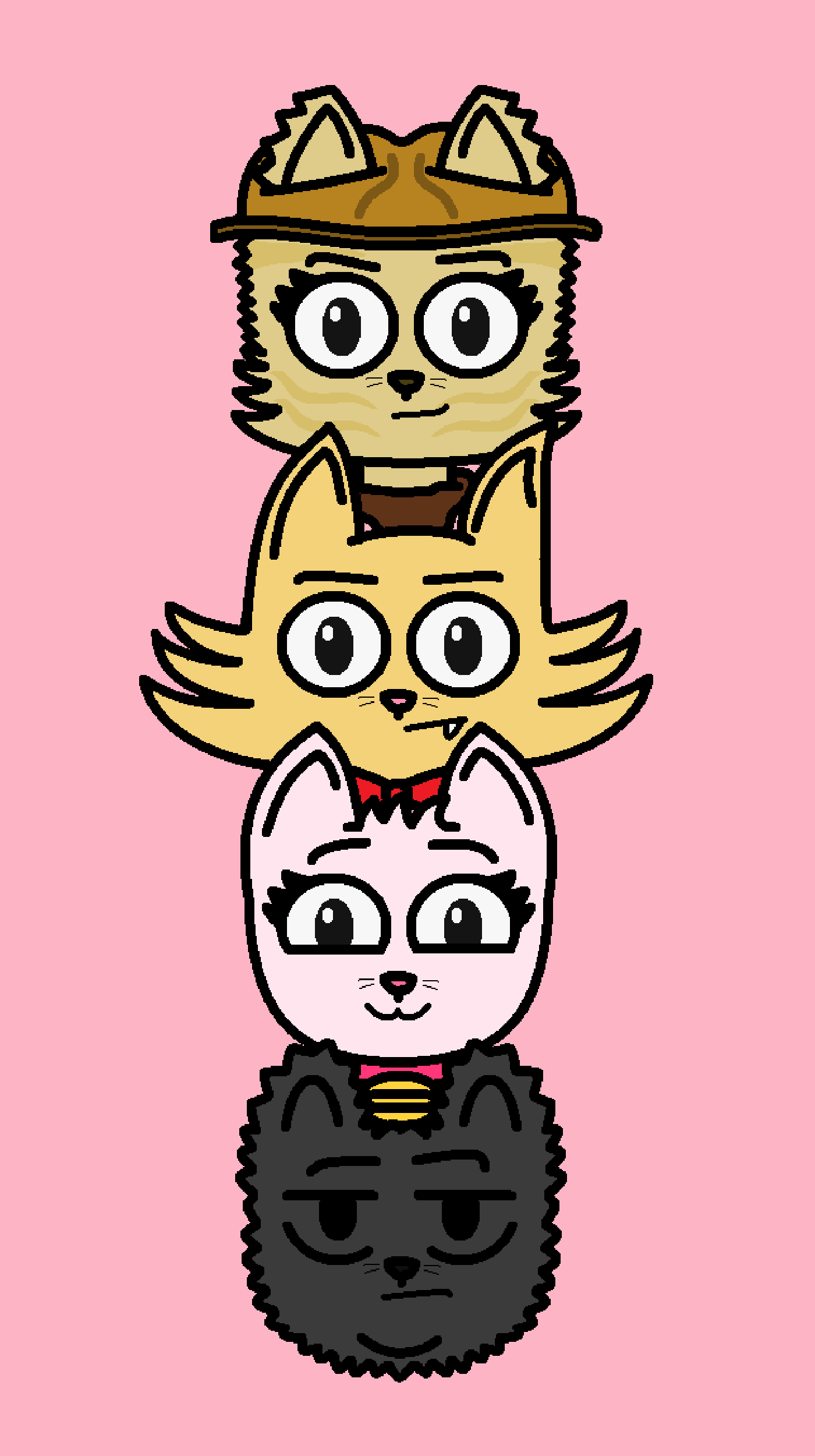 Stacked cartoon cats with different expressions and accessories on a pink background.