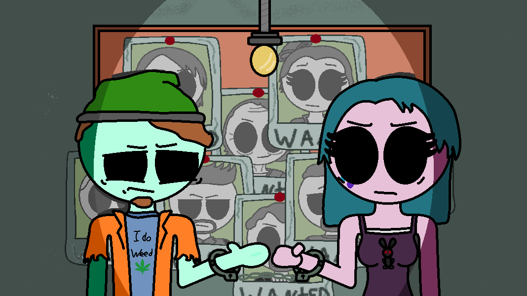 A cartoon-style illustration of two young people fist bumping in front of a wall of missing persons posters with skull-like faces. The male character has green skin, brown hair, wearing a green beanie and an orange vest over a blue t-shirt. The female character has purple skin, teal hair, wearing a purple tank top with a black bunny design.