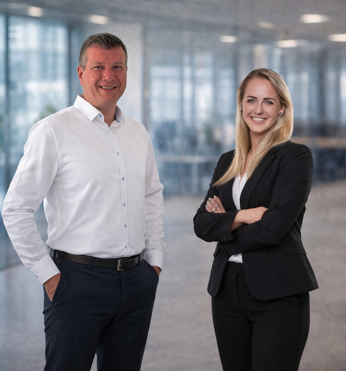 A man and a woman in business attire standing in an office with glass walls, both smiling at the camera.