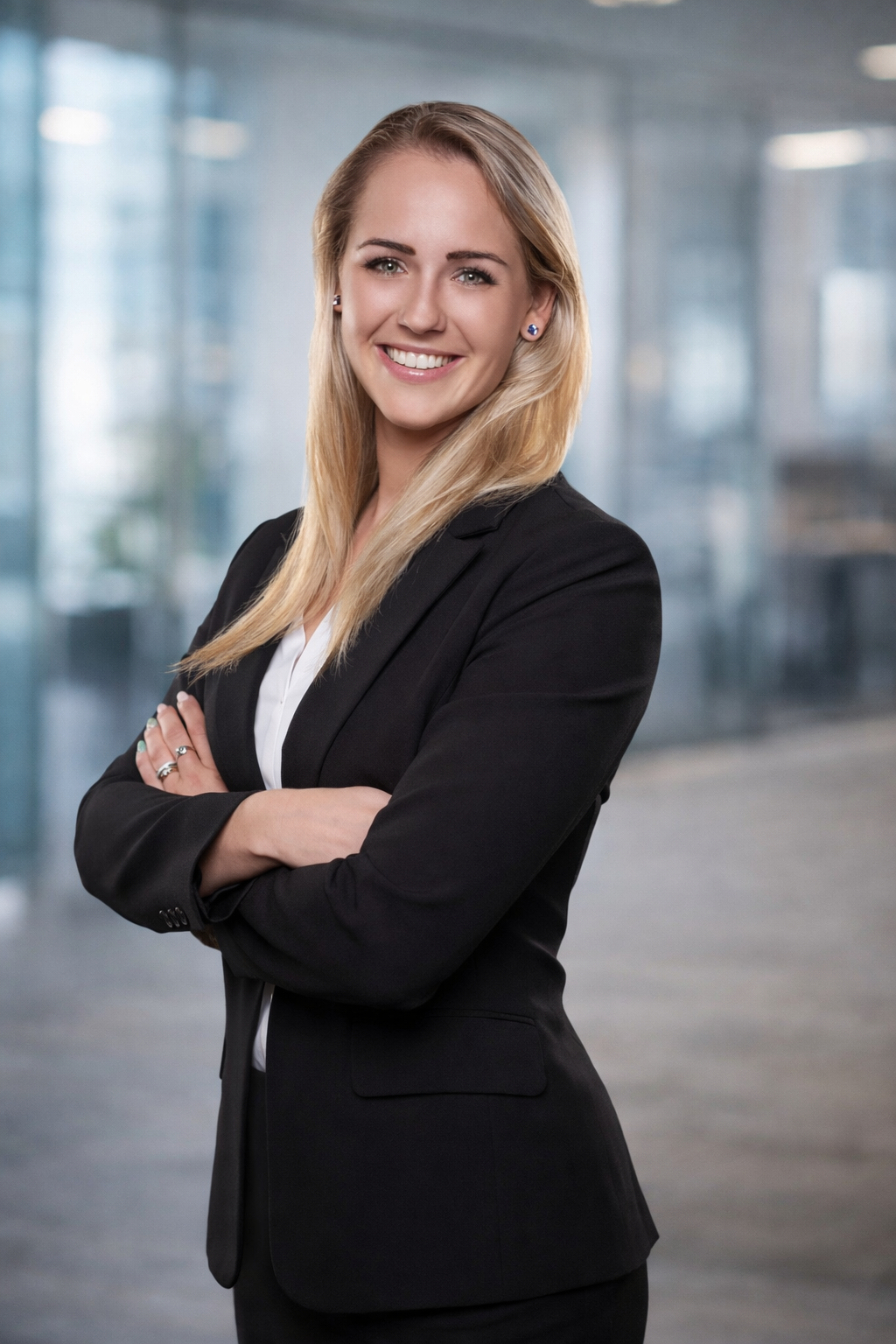 A professional woman with blonde hair wearing a black blazer smiling with arms crossed in an office building.