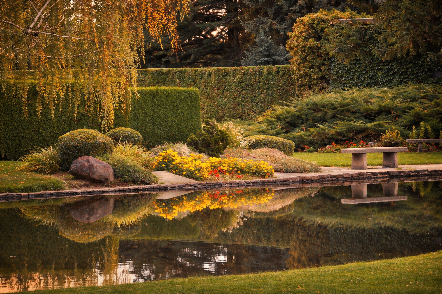 "The Still Garden"
Color gathers gently around the water’s edge, contained and quiet. Even abundance softens when nothing asks it to perform.