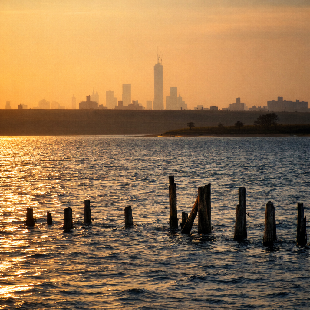 "Edge of the City"
The skyline rises in the distance, held just beyond reach. The water keeps its space, but the presence is undeniable.