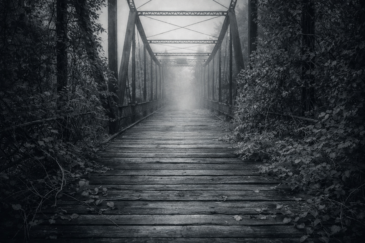 "Fading"
The planks disappear into mist, no longer leading with certainty. What it once carried feels distant.