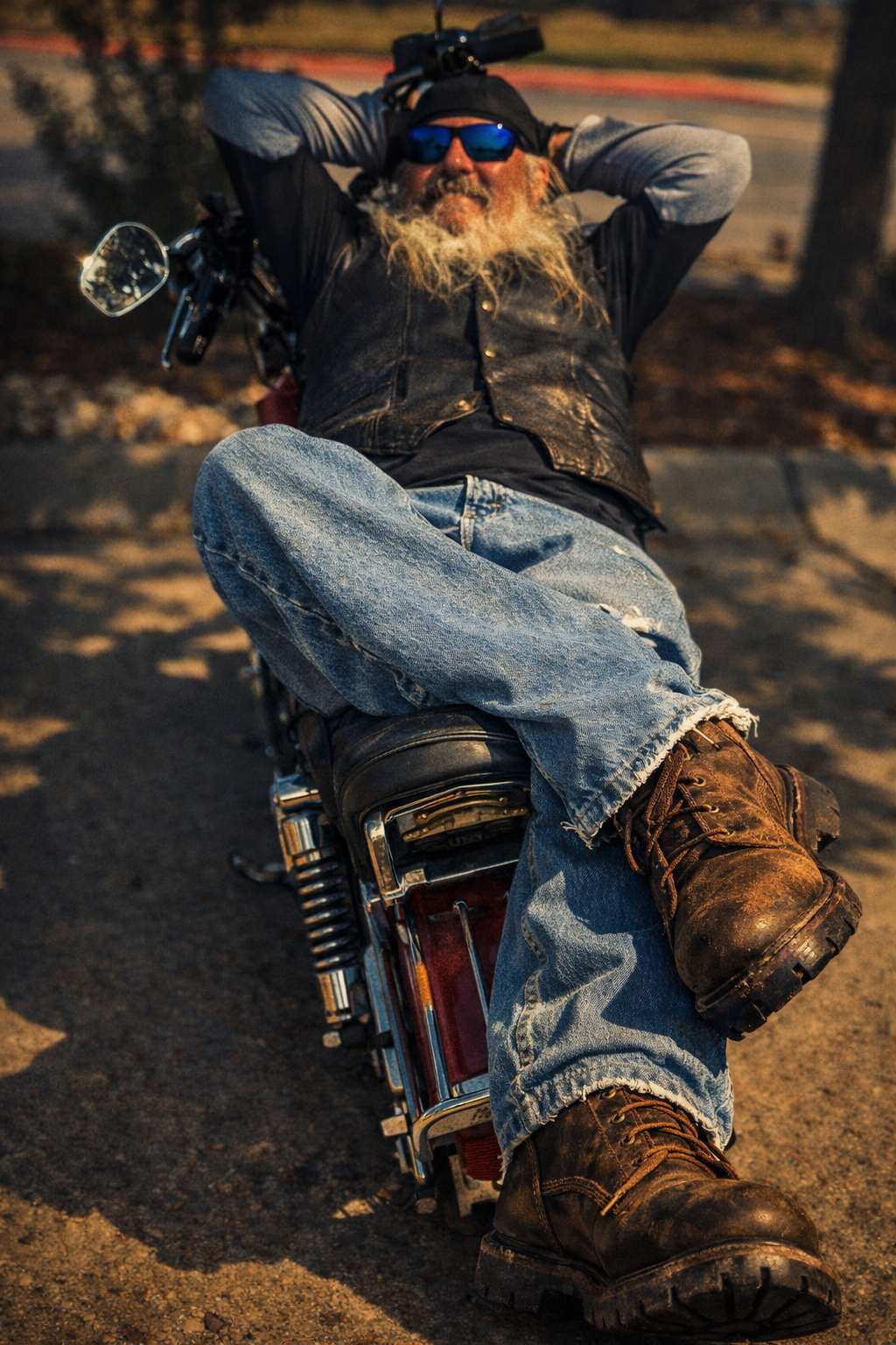 "Resting Between"
He leans into the bike, paused between where he’s been and where he’ll go. The moment holds, but not for long.