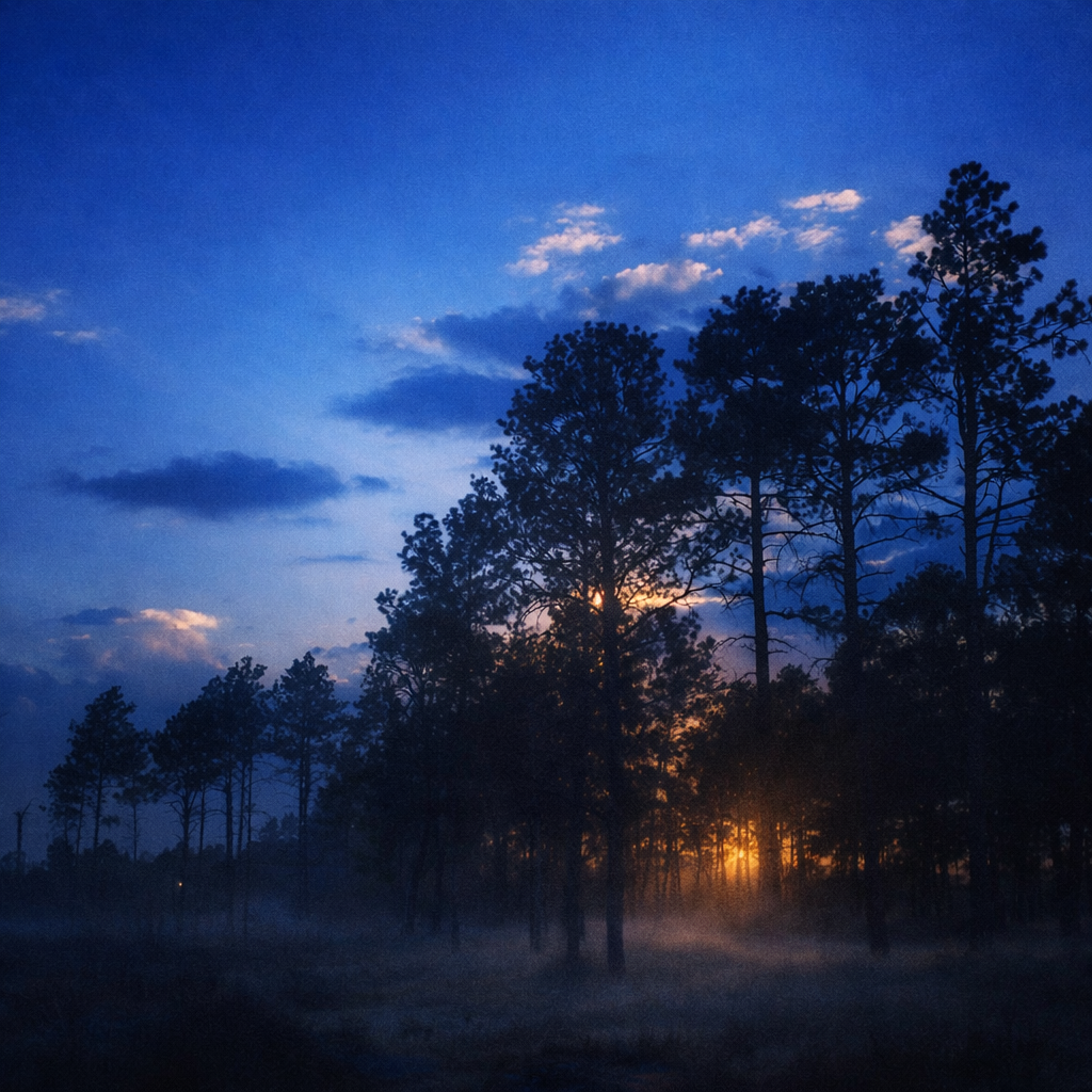 "Fading Through"
Light lingers behind the trees, no longer direct but still present. The day is gone—but not completely.