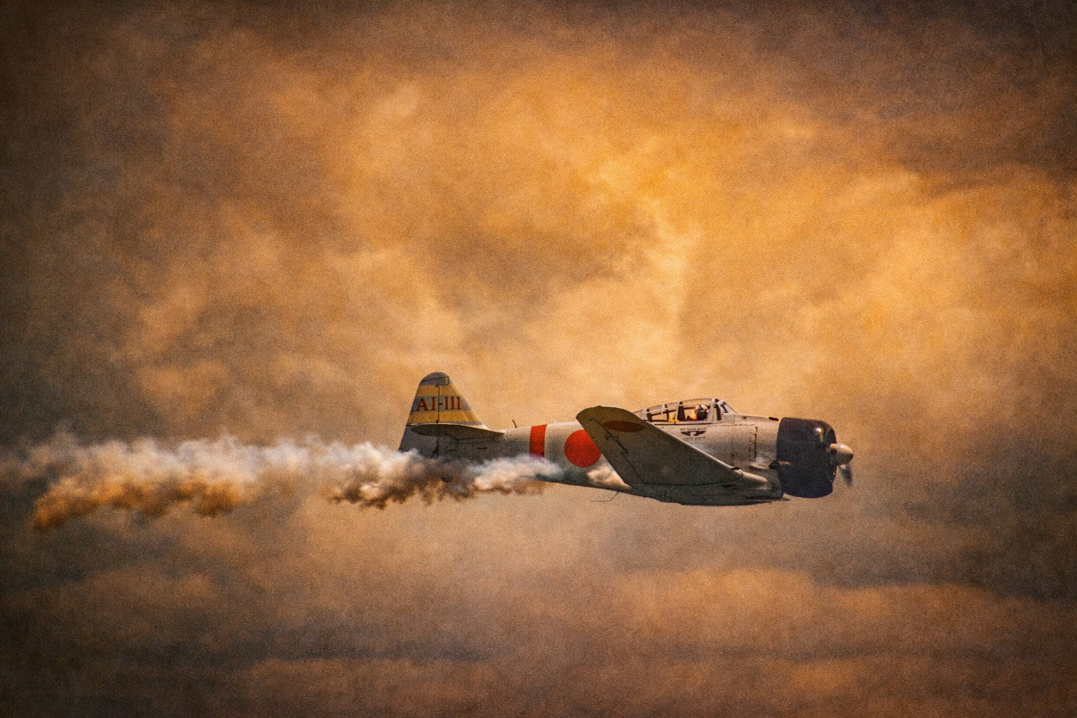 "Through the Air"
The aircraft cuts a line through sky and smoke, leaving its passage behind it. Movement becomes visible—written across the horizon.