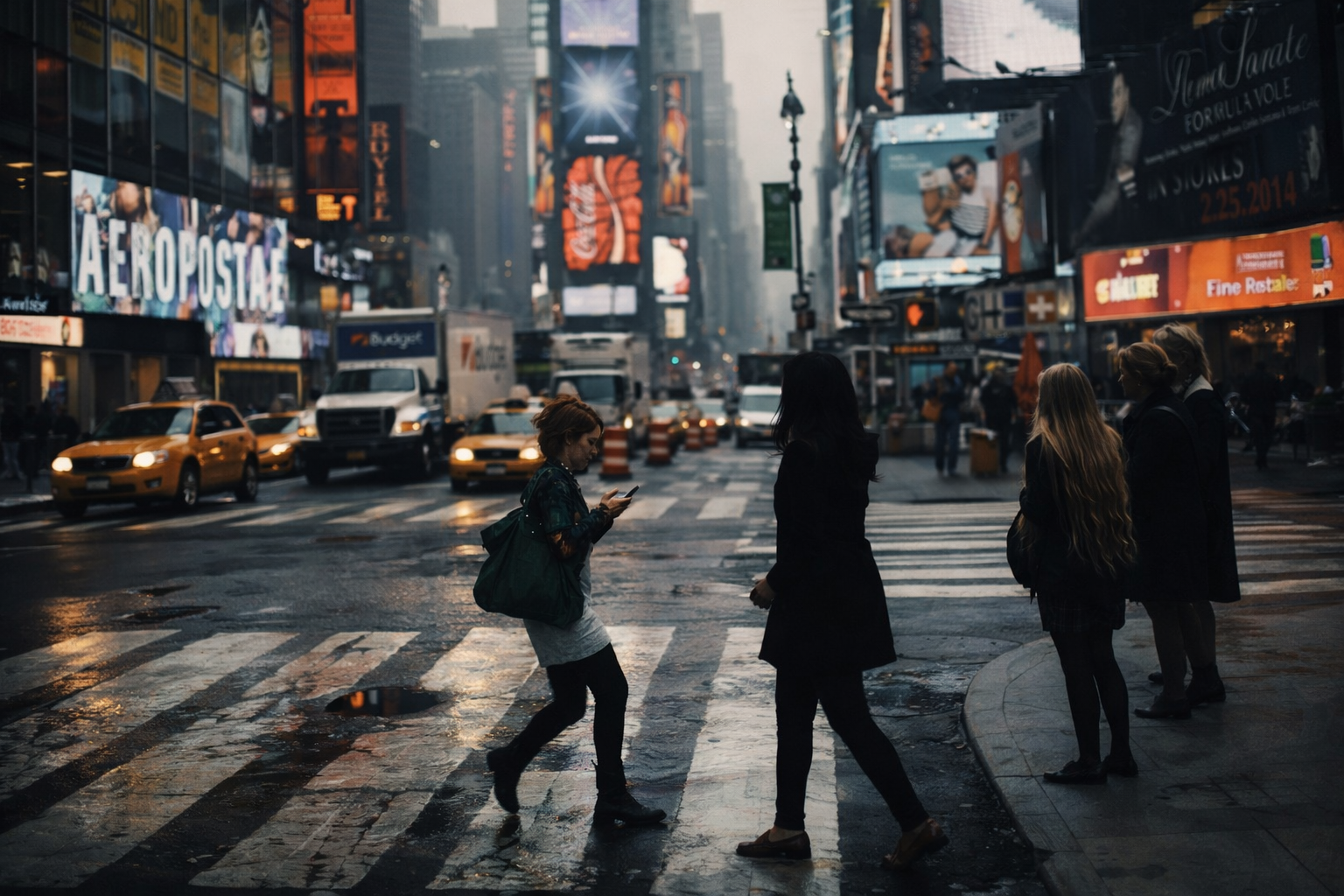 "Crossing Together"
Figures move through the city in shared direction, briefly aligned. Their paths intersect, then continue on.