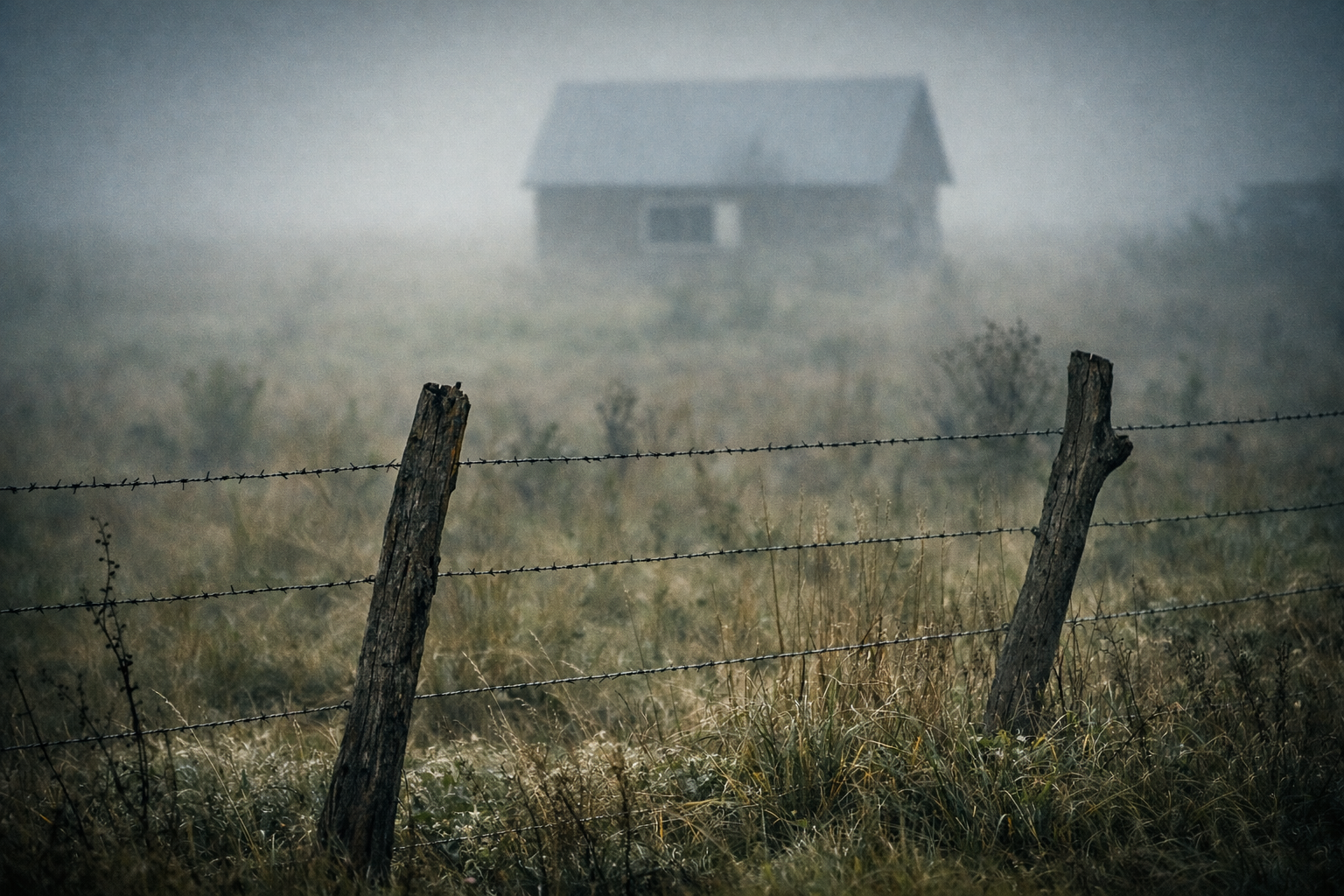 "Field Without Movement"
A structure fades into mist, barely holding its place in the landscape. What was built to last now simply endures.