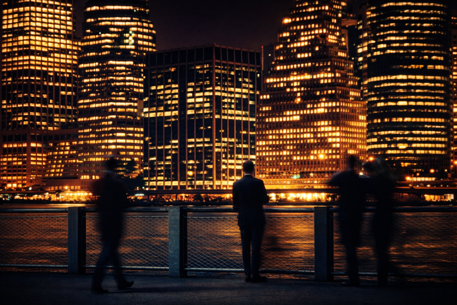 "Watching the Light"
They gather at the edge of the city, each held in their own quiet moment. The skyline glows—but what they’re seeing isn’t the same.
