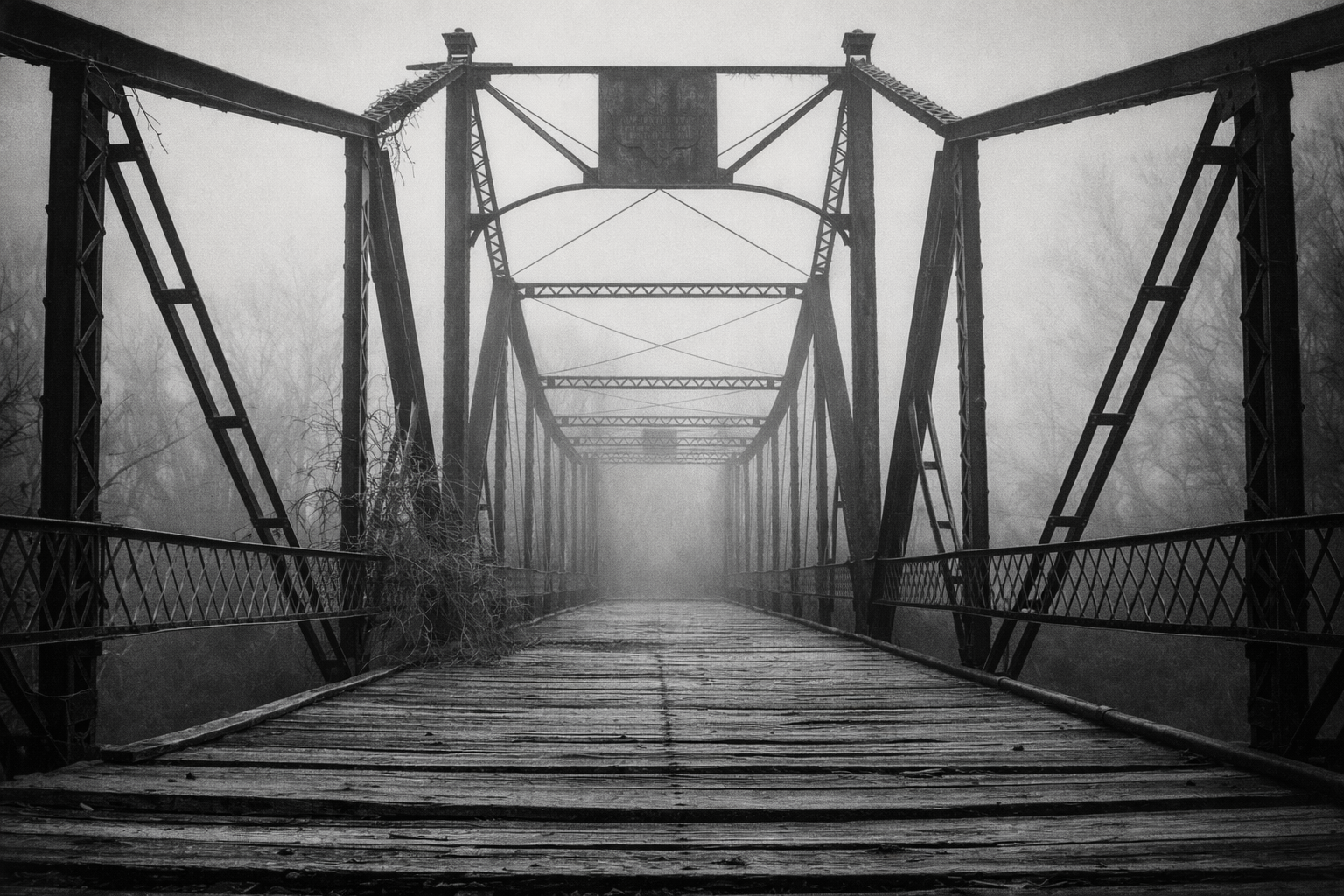 "The Weight of Crossing"
A bridge extends into shadow, carrying only memory. Even the act of crossing feels distant, as if it already happened.
