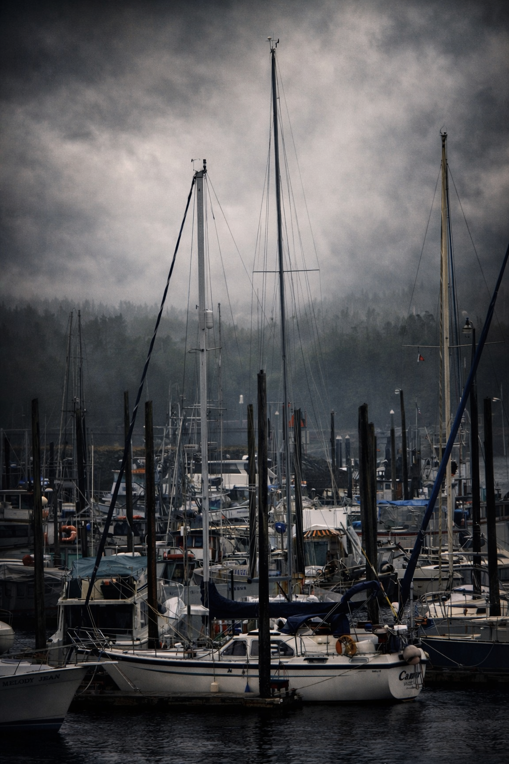 "Masts in Waiting"
Boats gather beneath a heavy sky, their sails lowered and silent. Movement has paused, but not ended.
