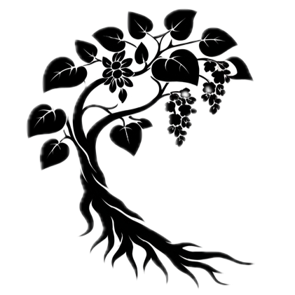 Black and white illustration of a tree with roots, large leaves, flowers, and hanging berries.