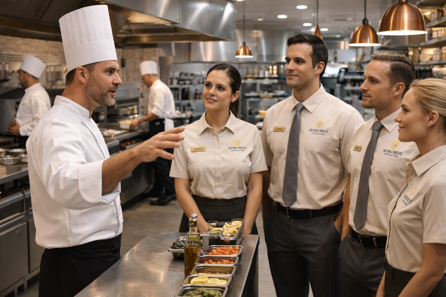Chef and restaurant staff having a discussion in the kitchen at Suncrest Hotel & Spa.