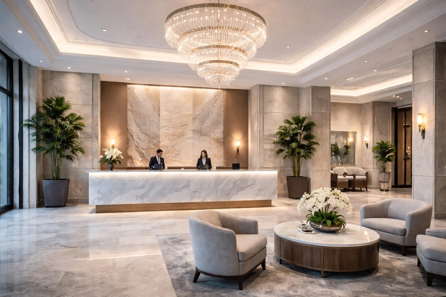 Luxurious hotel lobby with a marble reception desk, two staff members, large potted plants, elegant seating area with armchairs, a coffee table with flowers, and a grand chandelier overhead.