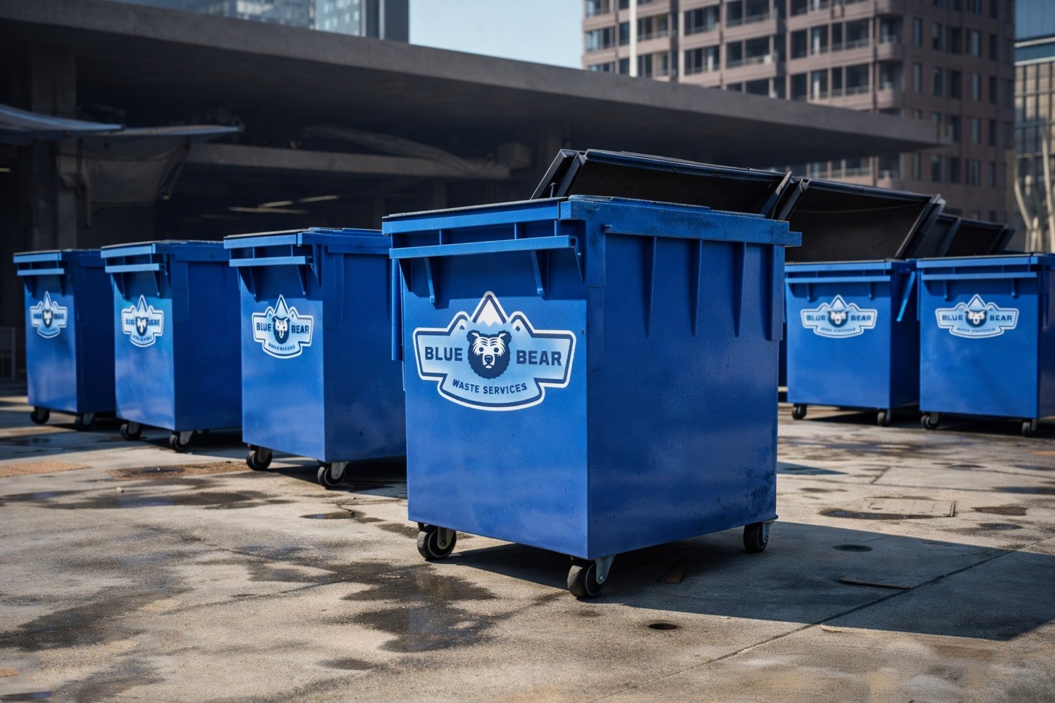 Multiple blue waste containers with the Blue Bear Waste Services logo in an urban setting, some with open lids, on a paved surface with tall buildings in the background.