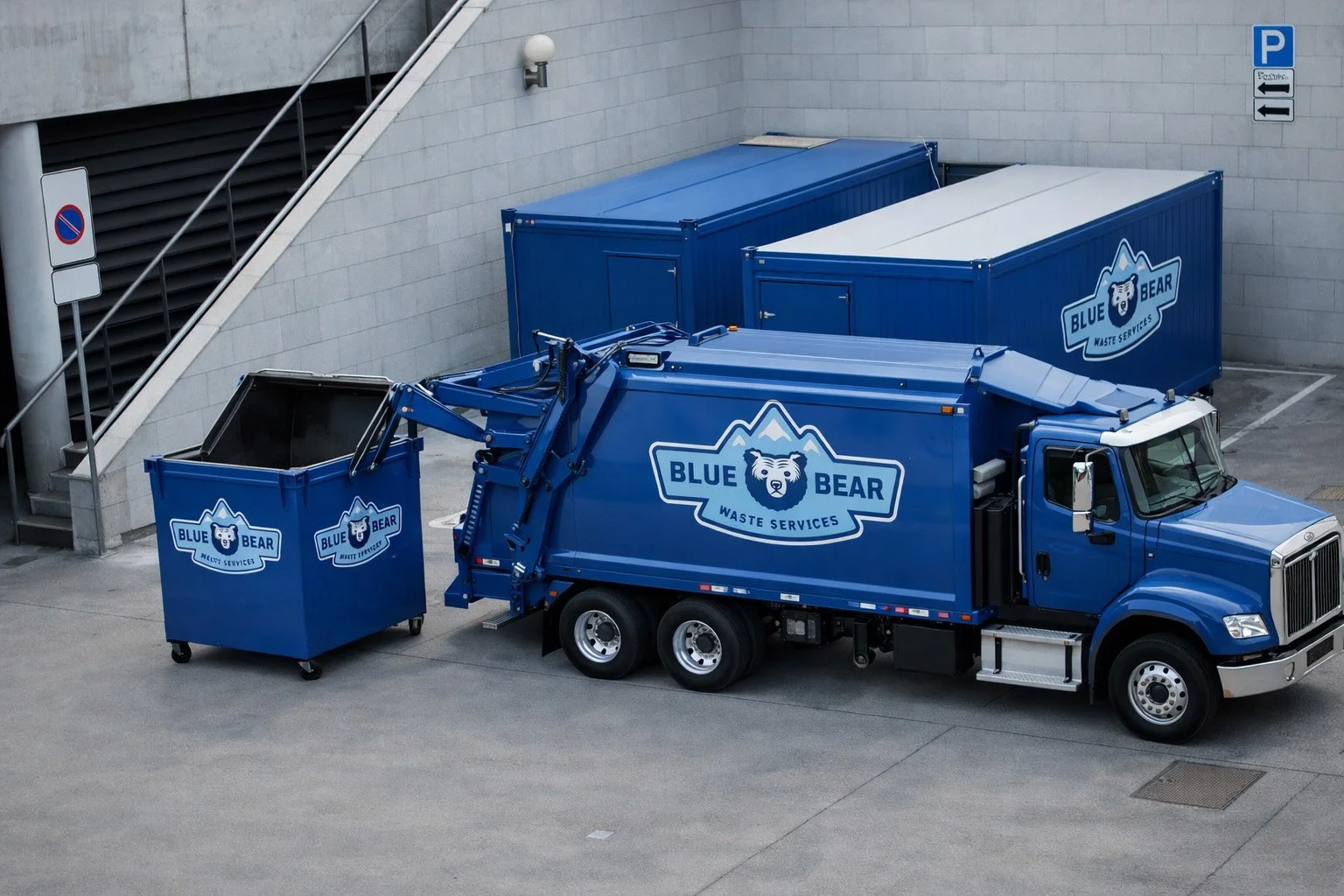 Blue Bear Waste Services garbage truck with attached trash bin in a parking lot near a stairway