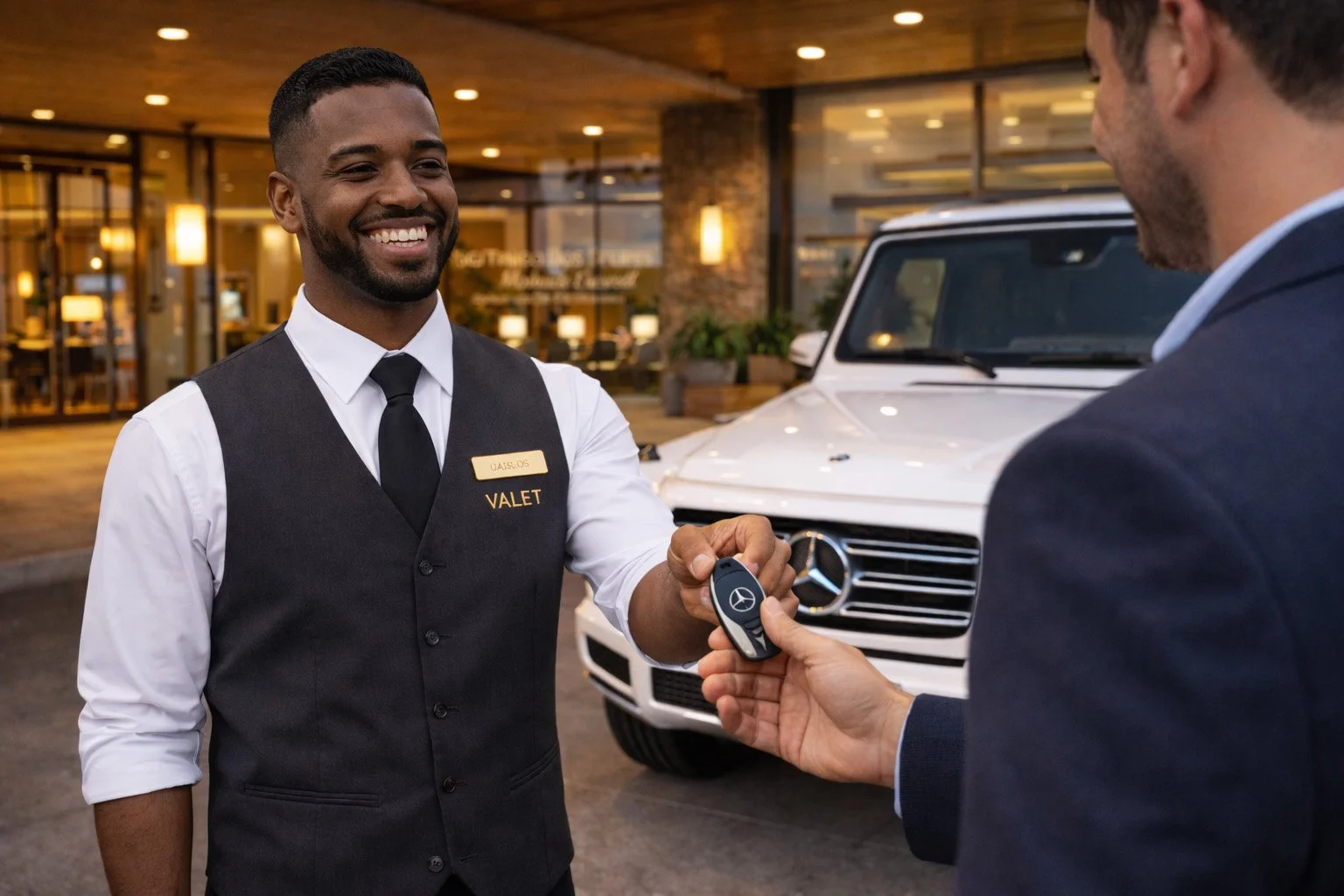 A valet attendant is smiling as he receives car keys from a customer in front of a white Mercedes-Benz SUV at the entrance of a hotel or parking facility.