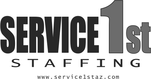 Logo for Service 1st Staffing with black and gray text and website URL.