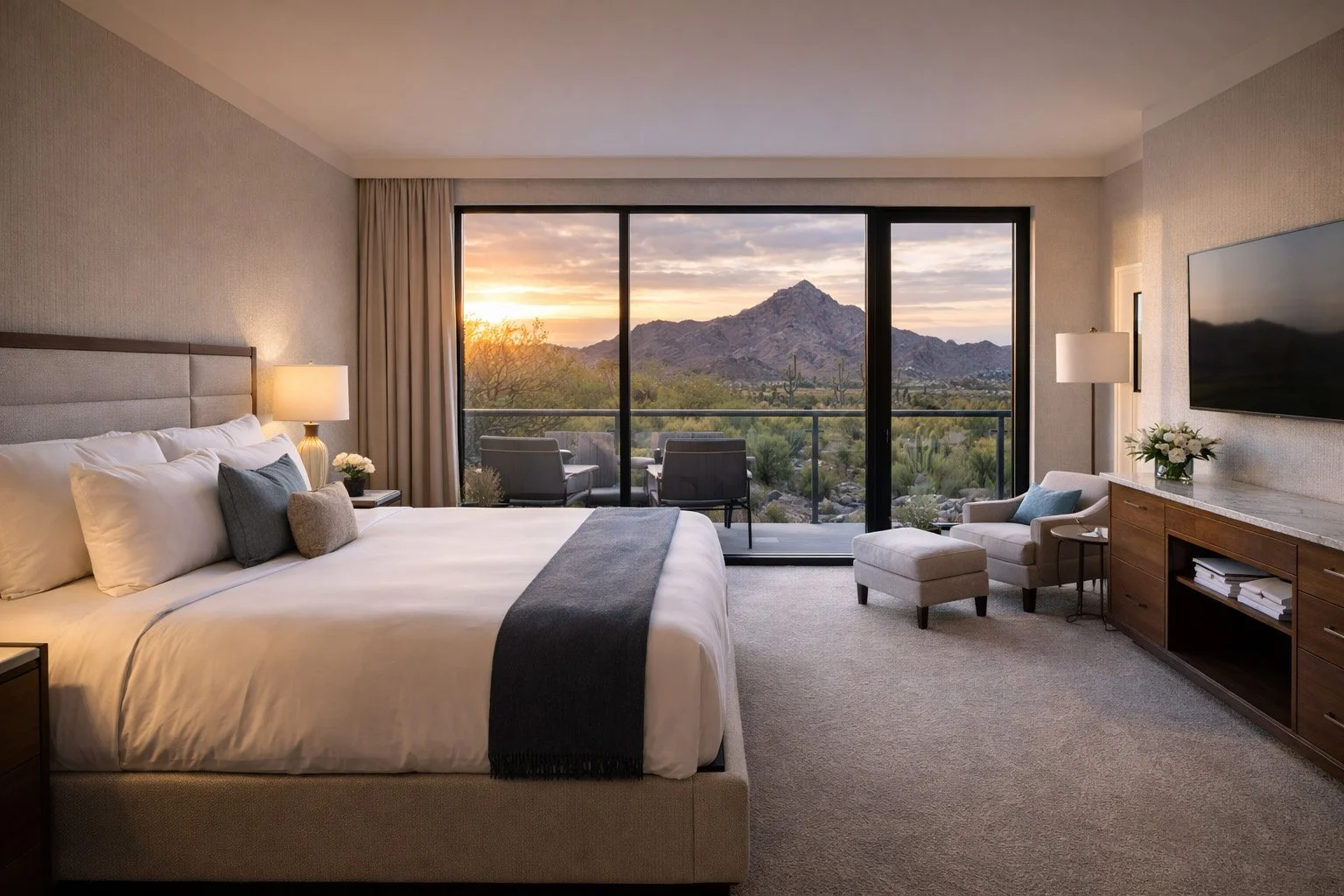 Hotel bedroom with large bed, seating area, and view of desert landscape and mountains at sunset through sliding glass door