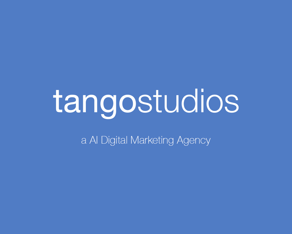 Blue background with white text displaying 'tangostudios' and smaller text reading 'a AI Digital Marketing Agency.'