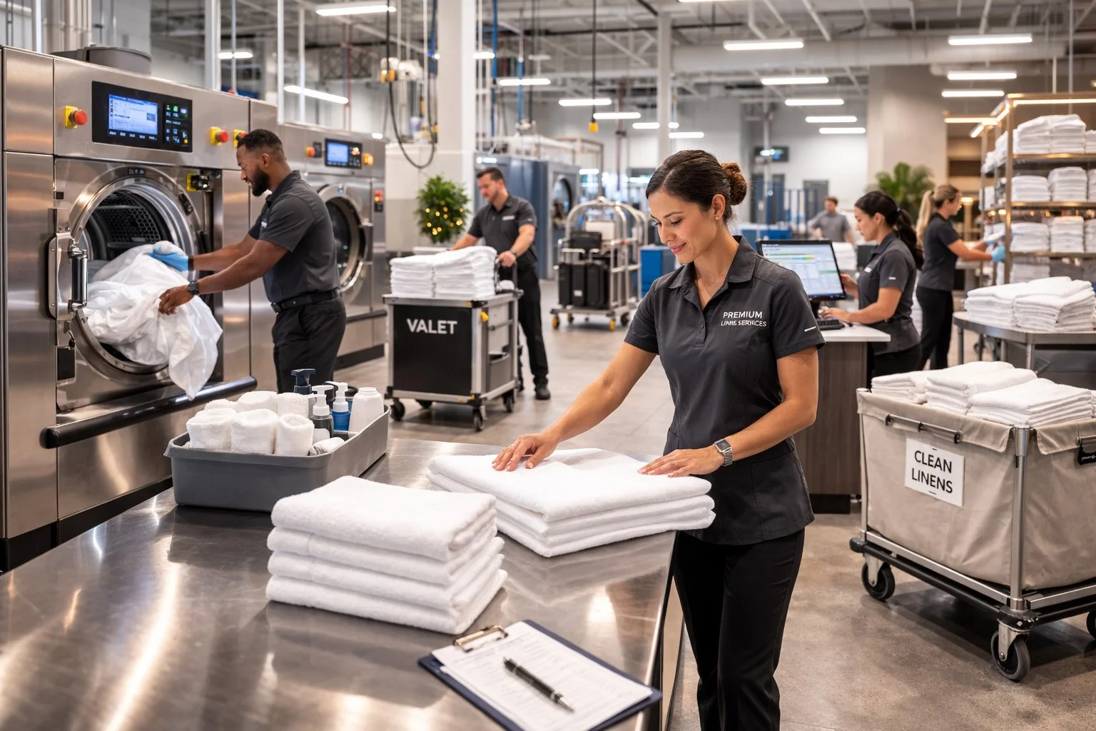 Laundry workers folding white towels and linens in a commercial laundry facility.