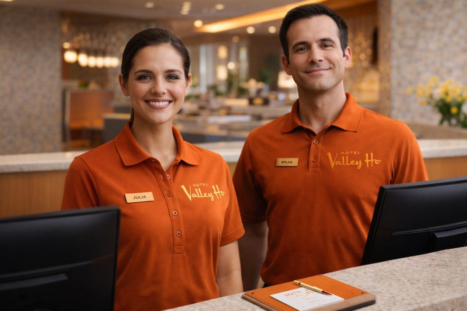 Two hotel staff members, a woman named Julia and a man named Brian, standing at the front desk of Hotel Valley Ho, smiling. They are wearing orange uniforms with name tags and the hotel logo. The background shows a hotel lobby with warm lighting, flowers, and reception area.