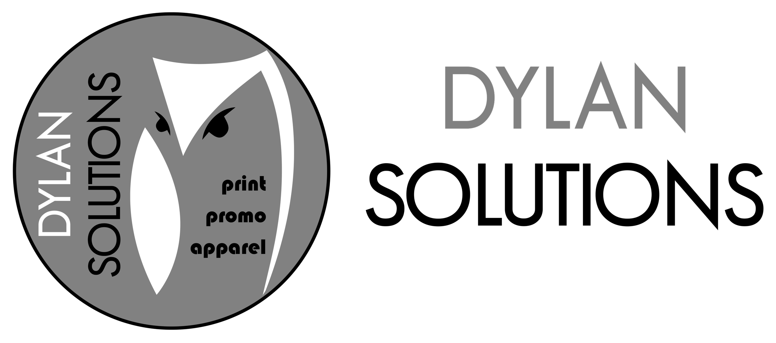 Logo for Dylan Soluions, featuring an owl illustration with the words 'Dylan Solutions' and text 'print, promo, apparel'.