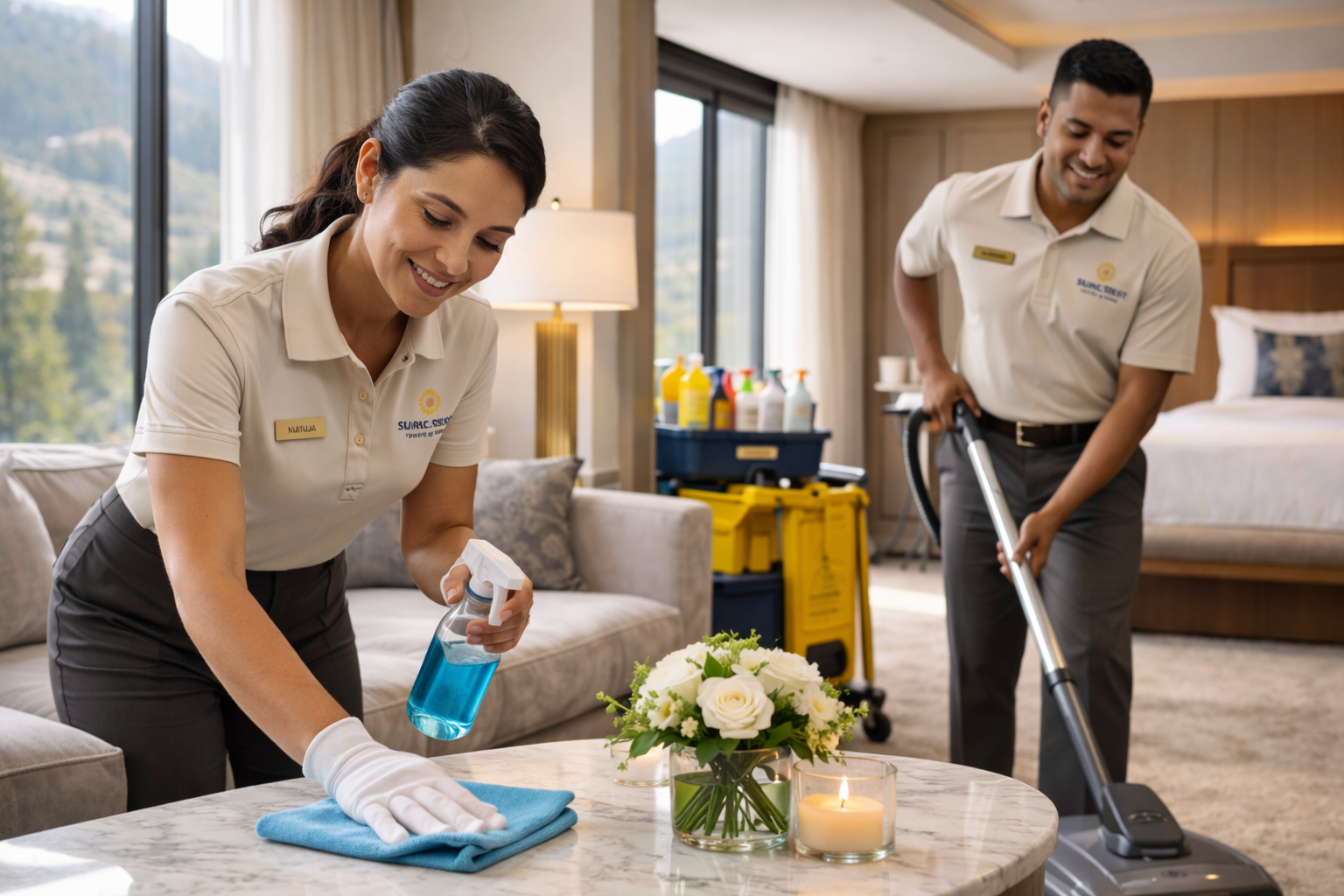 Two cleaning staff members, a woman and a man, are cleaning a hotel room. The woman is wiping a marble table with a cloth and spray bottle, while the man is vacuuming the carpet in the background. The room has large windows with scenic mountain views, a bed, and decorative candles and flowers on the table.