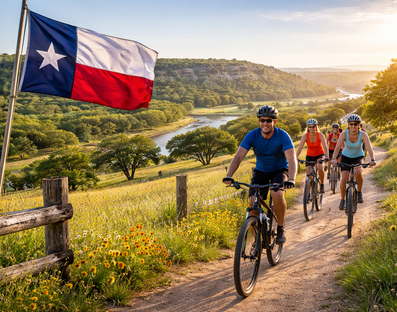 Cyclists in Texas countryside at sunset.png