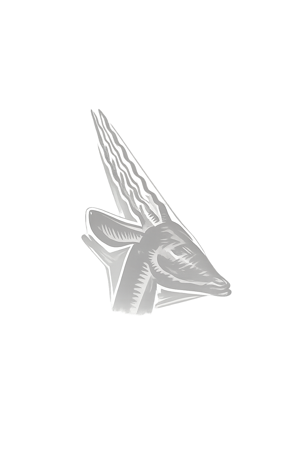 A large silvery geometric star-shaped sculpture of a horse's head with an open mouth, set against a black background, illuminated by spotlights.