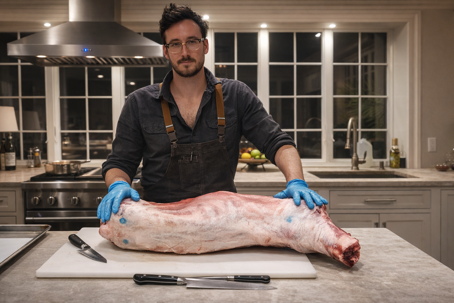 A man with glasses and a beard wearing an apron and blue gloves stands behind a kitchen counter with a large pig carcass on a white cutting board. The kitchen has a modern design with a stove, large windows, and various kitchen utensils.